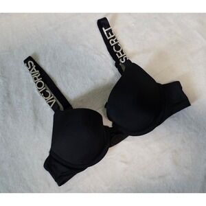 Victoria's Secret Black T-Shirt Push-Up Bra Spellout Rhinestone Shine Straps 34A